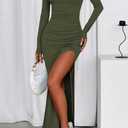 BTFBM Formal Dresses for Women 2026 Spring Long Sleeve Mock Neck Ruched Bodycon Slit Maxi Wedding Guest Dress Cocktail (XL)