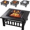 3-in-1 Multifunctional Square Fire Pit Table, 32-Inch Outdoor Metal Fire Pit with Ice Bucket, Black Powder Coated Iron, Charcoal Fueled