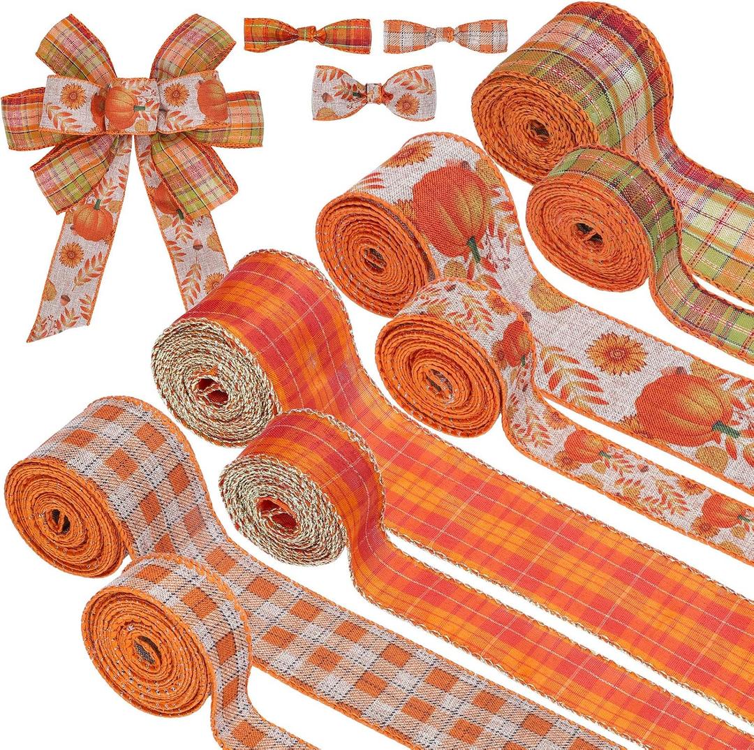 Whaline 8 Rolls 40 Yards Fall Thanksgiving Ribbons 2 & 1 Inch Orange Plaids Pumpkin Leaves Wired Edge Ribbon Rustic Autumn Harvest Craft Ribbon for Wreath Bow DIY Crafts Wrapping