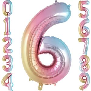 Rainbow Gradient Number 6 Balloon, 40 Inch Big Large Foil Number Balloons, Jumbo Mylar Number 6 Balloons for 6 Year Old Birthday Party Decorations Supplies Anniversary Celebration