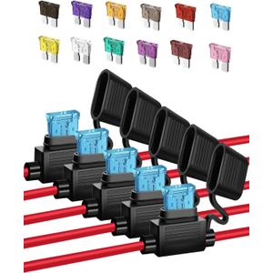 5 Pack 12 AWG Inline Fuse Holder - Automotive Replacement Fuse Holder with 60 Pcs (2A, 3A, 5A, 7.5A, 10A, 15A, 20A, 25A, 30A, 35A, 40A, 50A) ATC/ATO Standard Blade Fuses