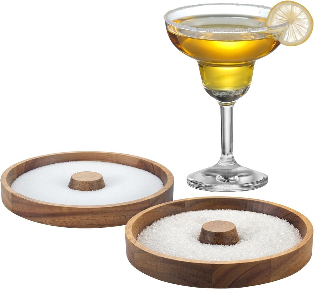 2 Pack Margarita Salt Rimmer, Wood Glass Rimmer for Cocktail, Glass Rimming for Salts and Sugars, Fits up to 5.5-inch Wide Glasses