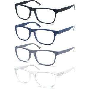 OLOMEE Large Reading Glasses Mens Wide Oversized Readers +1.25 Lightweight Square Eyeglasses for Reading for Big Head Men 4 Pack with Spring Hinge