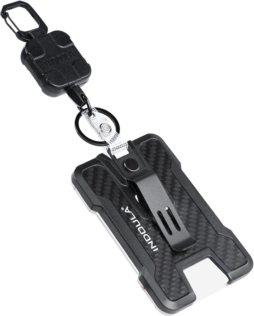 Retractable Badge Holder with Clip,Heavy Duty Retractable Keychain with Tactical ID Card Holder (Holds 4 Cards),Carbon Fiber-Texture, with 31.5Badge Reel,Black