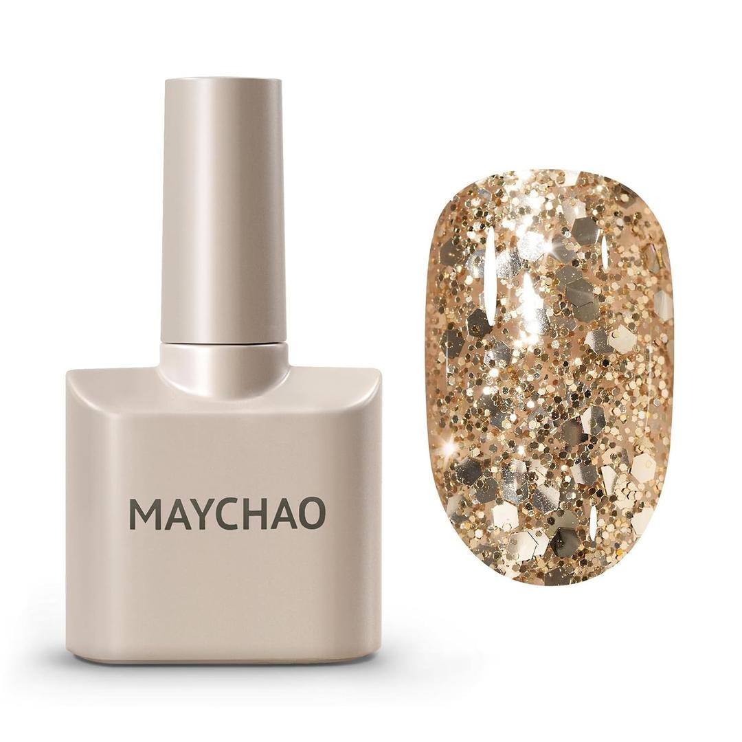 MAYCHAO Gold Glitter Gel Nail Polish, 15ML Diamond Sparkly Shiny Gold Gel Polish UV LED Soak Off Light Cure Nail Varnish for Women Girls Nail Art Starter Manicure Salon DIY at Home, 0.5 OZ