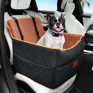 HEGGCOOE Small Dog Car Seat, Memory Foam Dog Booster Seats with Thick Cushion for Medium Dogs Under 35lbs, Detachable Washable Pet Car Seat Travel Bed with Storage Pockets,2 Safety Belts (Black+brown)