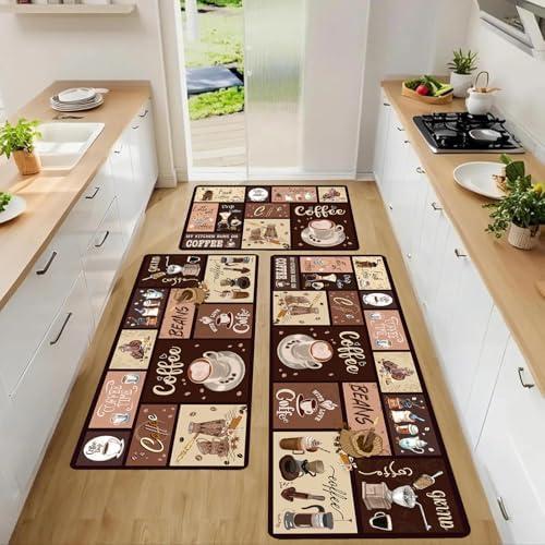 XLHOMO Kitchen Mats for Floor, Non Slip Washable Kitchen Rugs Sets of 3, Coffee Farmhouse Cushioned Stain Resistant Kitchen Runner Rug for Kitchen Floor, Laundry Room, Bathroom, Entryway Carpet Decor