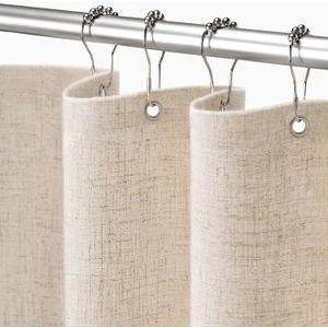 Linen Shower Curtain Beige, Fabric Boho Farmhouse Shower Curtains for Bathroom Cream Cotton Natural Cloth Liner Set 72" W x 72" L
