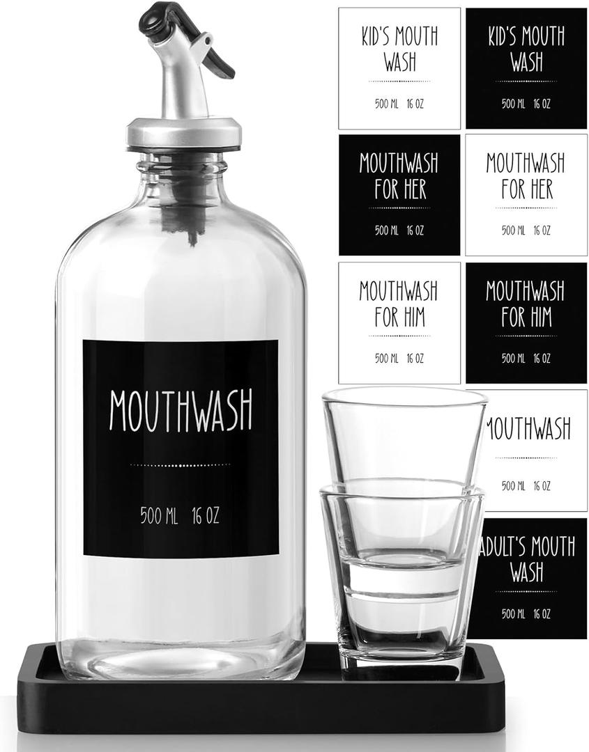 Glass Mouthwash Dispenser for Bathroom, 16 OZ Mouth Wash Bottle Container with Pour Spout & Reusable Mouthwash Cups & Wood Tray & Labels, Black Kitchen Bathroom Decor and Accessories