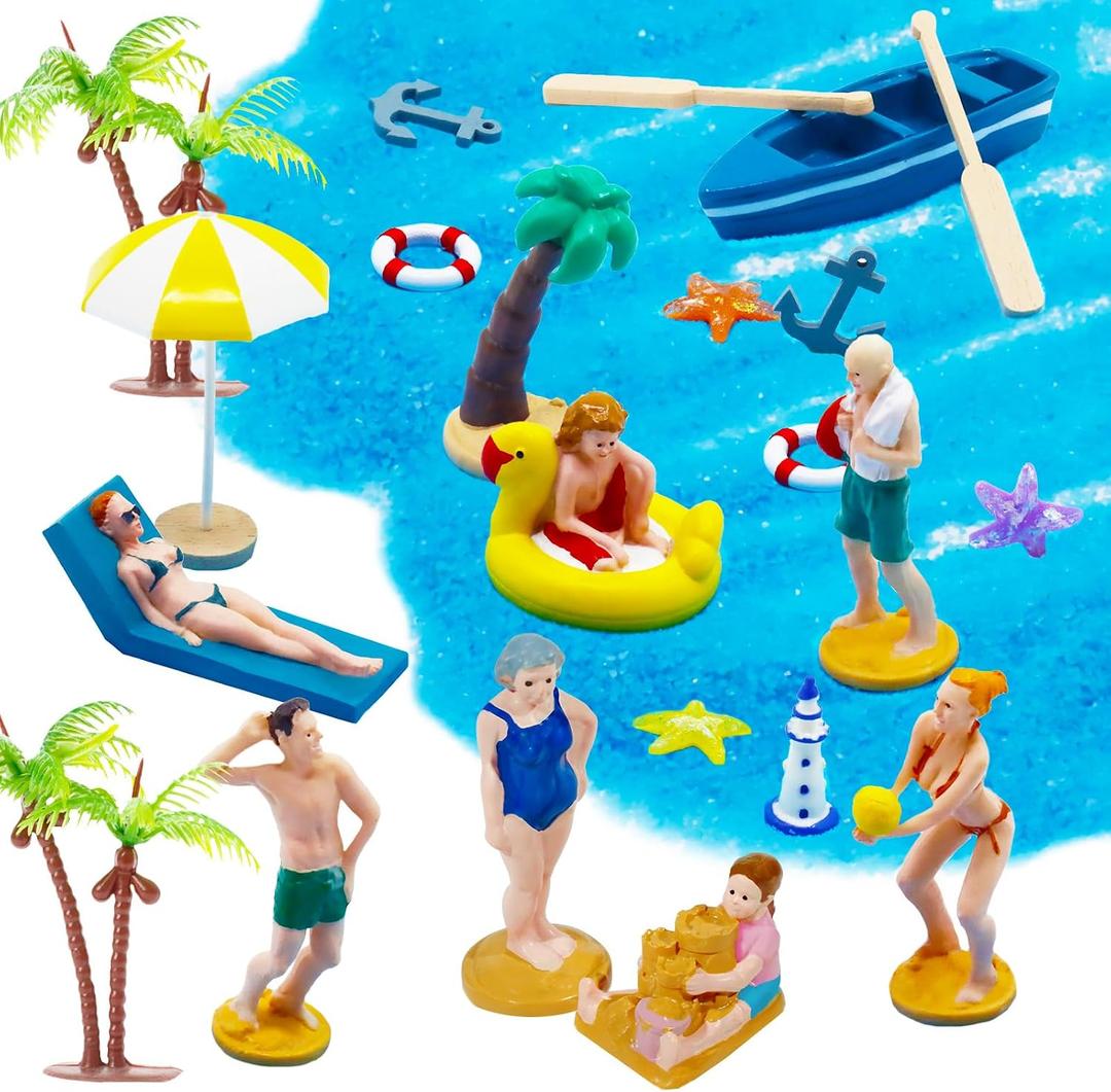 Warmtree 22PCS Beach Mini House Decoration Ocean Diorama Kit for DIY Beach Pool Cake Decorations Miniature Garden Summer Beach Swimming Party Favor Supplies, Small