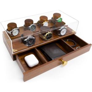 Wooden Watch Case, 2-Tier Watch Display Case Watch Box for Men, Watch Display Stand with Drawer Watch Collection Storage Watch Holder, brown