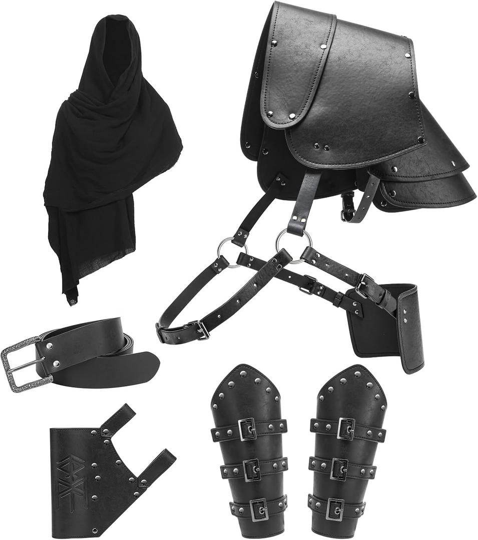 Berenlu Mens Renaissance Costume Set Medieval Belt Shoulder Armor Faux Leather Bracers Shawl Viking LARP Cosplay Accessories