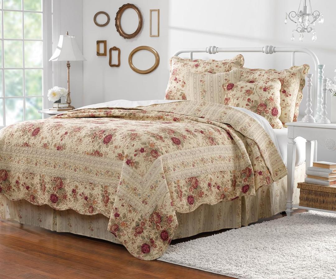 Greenland Home Antique Rose 100% Cotton Heirloom-Quality Quilt Set, 5-Piece Full/Queen, Ecru