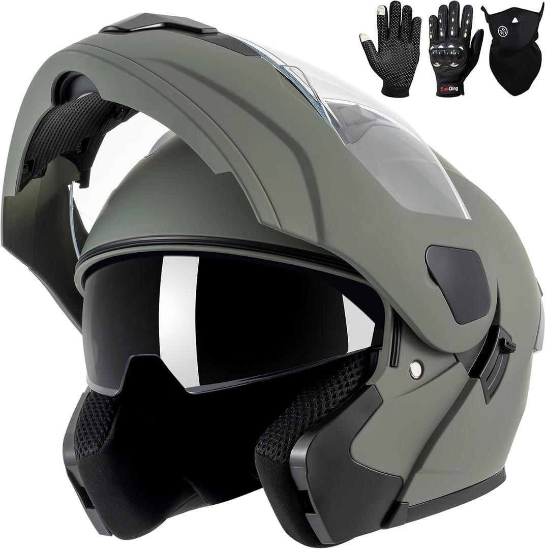 Adult Modular Motorcycle Helmets, DOT Approved Flip up Dual Visor Full Face Helmet for Men Women Moto ATV UTV Snowmobile ADV Four Wheeler Street Bike with Gloves & Mask