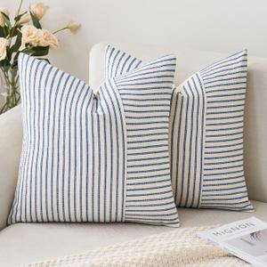 MIULEE Royal Blue and Beige Patchwork Farmhouse Pillow Covers 16x16 Inch, Pack of 2 Striped Linen Decorative Modern Accent Pillow Cases for Sofa Couch Bedroom