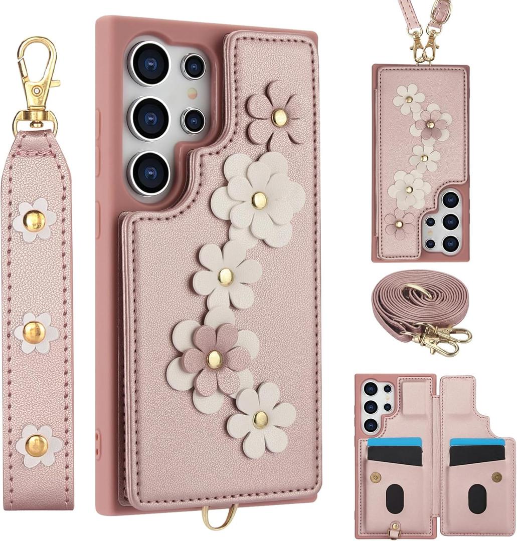 for Samsung Galaxy S25 Ultra Case with Wallet, Magnetic Snap Flip Leather Cover with Flower Design Credit Card Holder Stand WristbandSamsung S25 Ultra Protective Phone Case for Women (Pink)