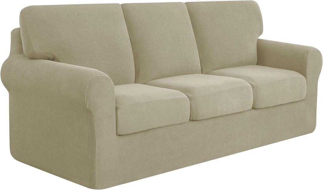 SUBRTEX 7 Pieces Stretch Sofa Slipcover Sets Couch Cover Sets Backrest Cushion Covers Furniture Protector Collection Set for Oversize Sofa Loveseat Chair Slip Covers(Large, Sand)