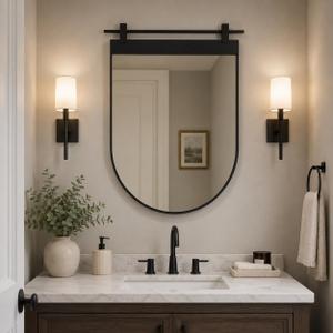 NXHOME Gold Arch Bathroom Mirror 28" x 20" Brushed Gold Metal Frame Barn Door Mirrors Farmhouse Bathroom Vanity Mirror for Over Sink, Entryway, Dining Room Wall Decor