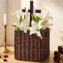 Thyle Religious Easter Table Decor Lent Decoration for Home Church Wooden Cross Woven Basket Christian Tabletop Decoration 9.8 In Jesus Christ Catholic Wood Crafted Cross with Base Foldable Organizer