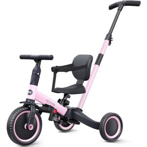 newyoo Toddler Tricycle,Toddler Bike,Birthday Gifts and Toys for 1-3 Year Old Boys and Girls, Trike with Push Handle, Backrest and Safety Belt, Balance Bike, TR007, Pink
