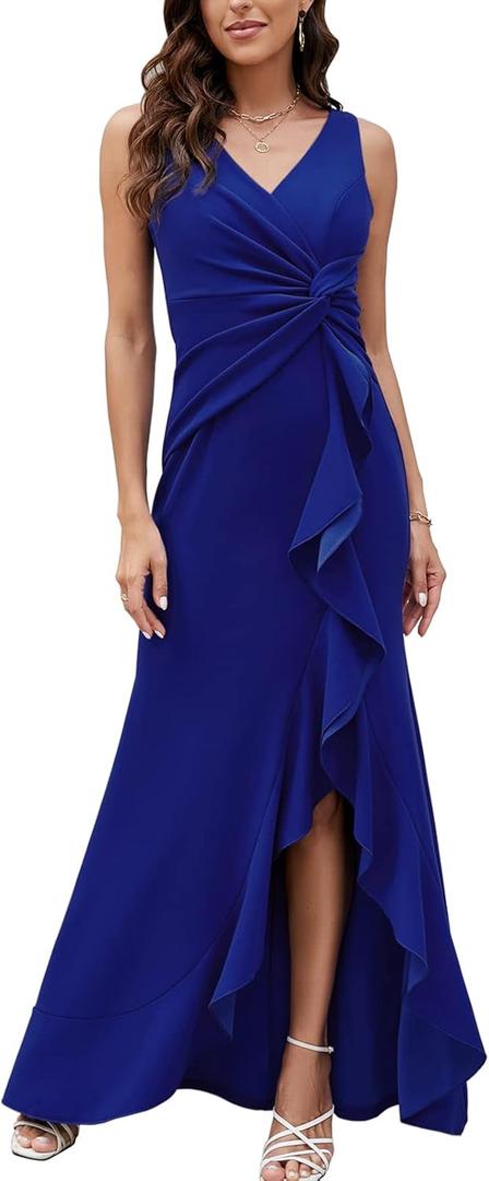 FQA Formal Evening Dresses for Women Elegant Evening Party Prom Dress Long Sexy V Neck Sleeveless Split Wrap (Large, Royal Blue)
