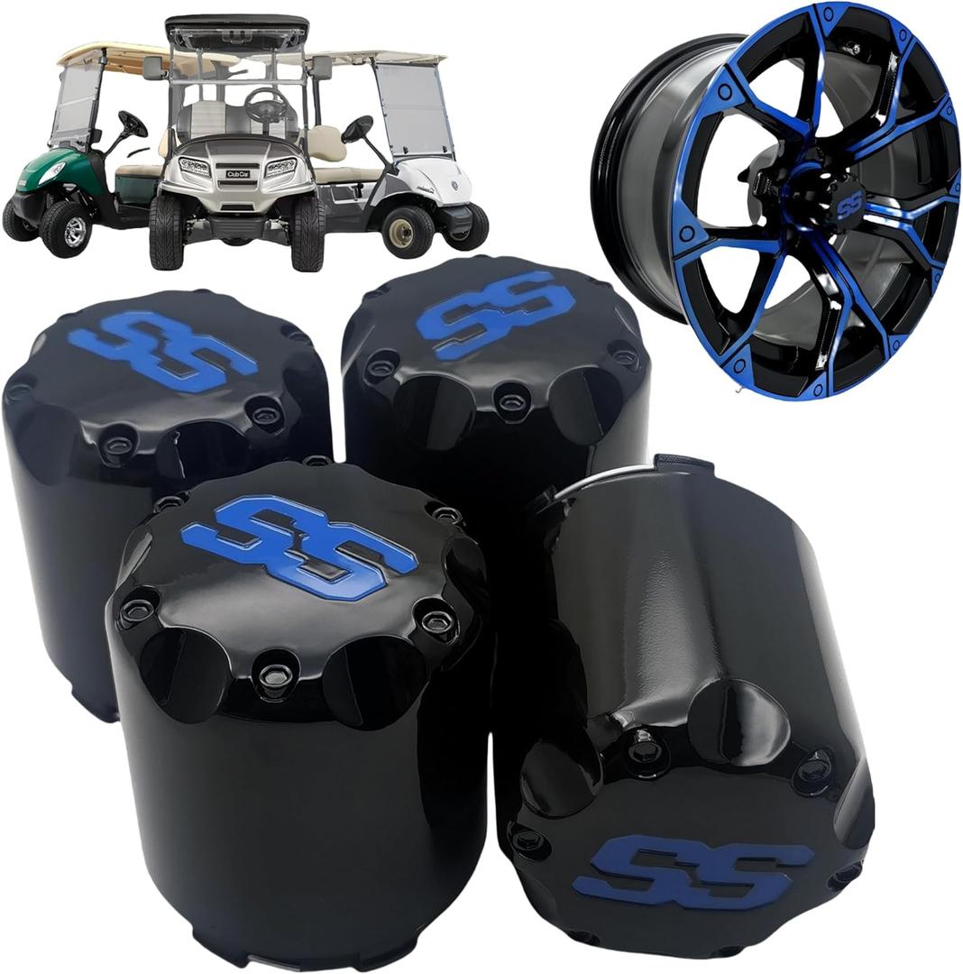 Golf Cart SS Wheel Center Cap Cover, ITP Push in Style Wheel Hub Caps for EZGO Club Car Yamaha and Other Models 8,10,12,14 inch Wheel,4 PCS (Gloss Black with Blue SS)