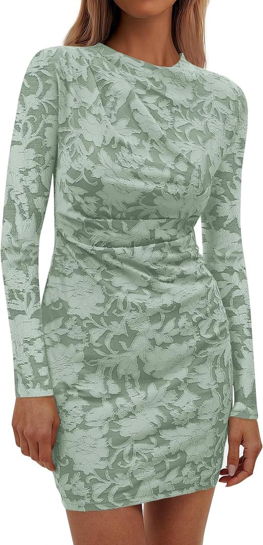 PRETTYGARDEN Women's Fall Bodycon Dresses 2026 Sexy Long Sleeve Ruched Lace Floral Mini Party Dress Tight Club Outfits (Green, XL)