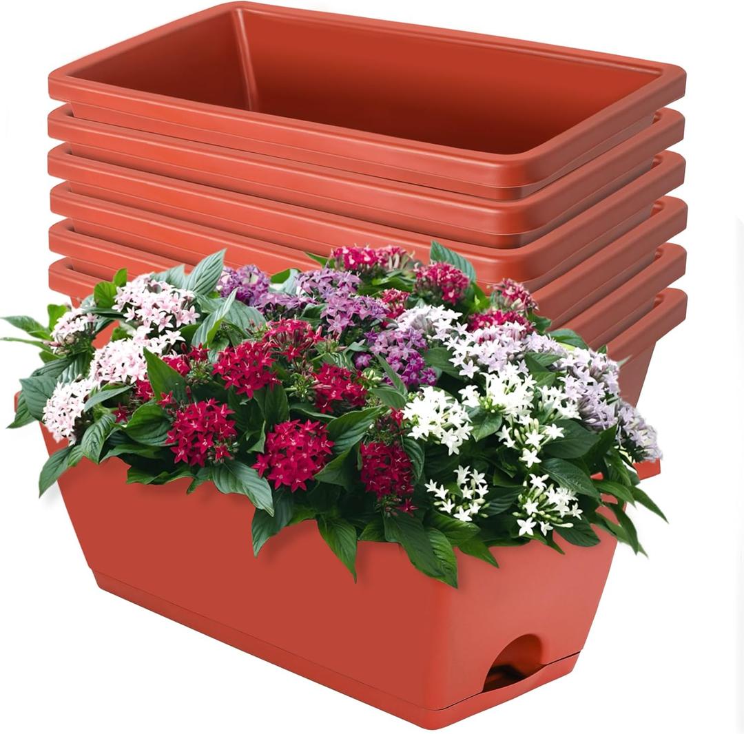 LOCONHA Window Box Planter, 7 Pack Plastic Vegetable Flower Planters Boxes 17 Inches Rectangular Flower Pots with Saucers for Indoor Outdoor Garden, Patio, Home Decor