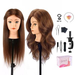 Mannequin Head with 100% Human Hair,22'' Real Hair Cosmetology Mannequin Manikin Head Hair Styling Hairdressing Practice Training Doll Head with Clamp Holder and Tools (Dark Brown Blue Eyes)