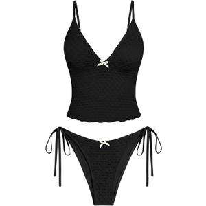 ZAFUL Tankini Swimsuits for Women Lace Jacquard Bowknot Decor Tummy Control High Cut Tanga Tankini Set, Large