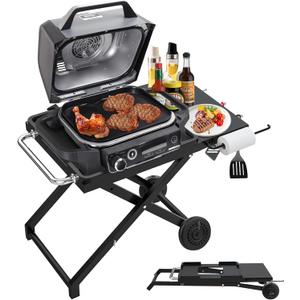 Collapsible Grill Stand for Ninja Woodfire Outdoor Grill OG700/800/900 Series & OO101 Outdoor Pizza Oven Stand, Foldable Grill Cart for Blackstone 17/22 Griddle Stand, with Wheels & Side Table