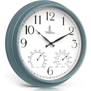 18 inch Outdoor Clocks for Patio Large Waterproof with Thermometer - Teal Blue Outdoor Clock with Temperature and Humidity for Wall - Weatherproof, Accurate & Easy to Read for Pool, Patio & Garden