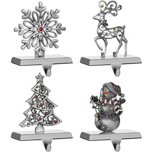 4 Pack Christmas Stocking Holder Set for Mantle Christmas Holiday Decorations Mantle Fireplace Topper Snowflake Snowman Reindeer and Christmas Tree Hangers Decorative Metal Hanger(Gray)