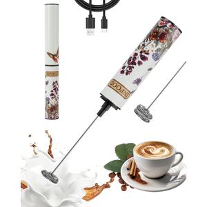 INFOOD Rechargeable Milk Frother with Cover, 2-Speed, 2 Whisks, Floral | Stainless Steel Body and 2 Detachable Whisks, Floral Design, for Lattes, Cappuccinos, Hot Chocolate, and Egg Whites