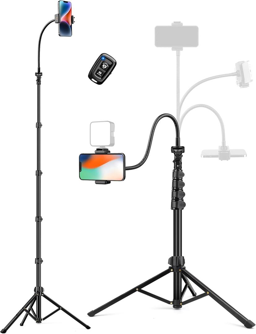 Phone Tripod, 86" Tall Tripod for iPhone with Flexible Gooseneck & Remote, Portable Aluminum Cellphone Stand for Selfies, Video Recording,Travel, Compatible with iPhone Android (86 inch, Black)