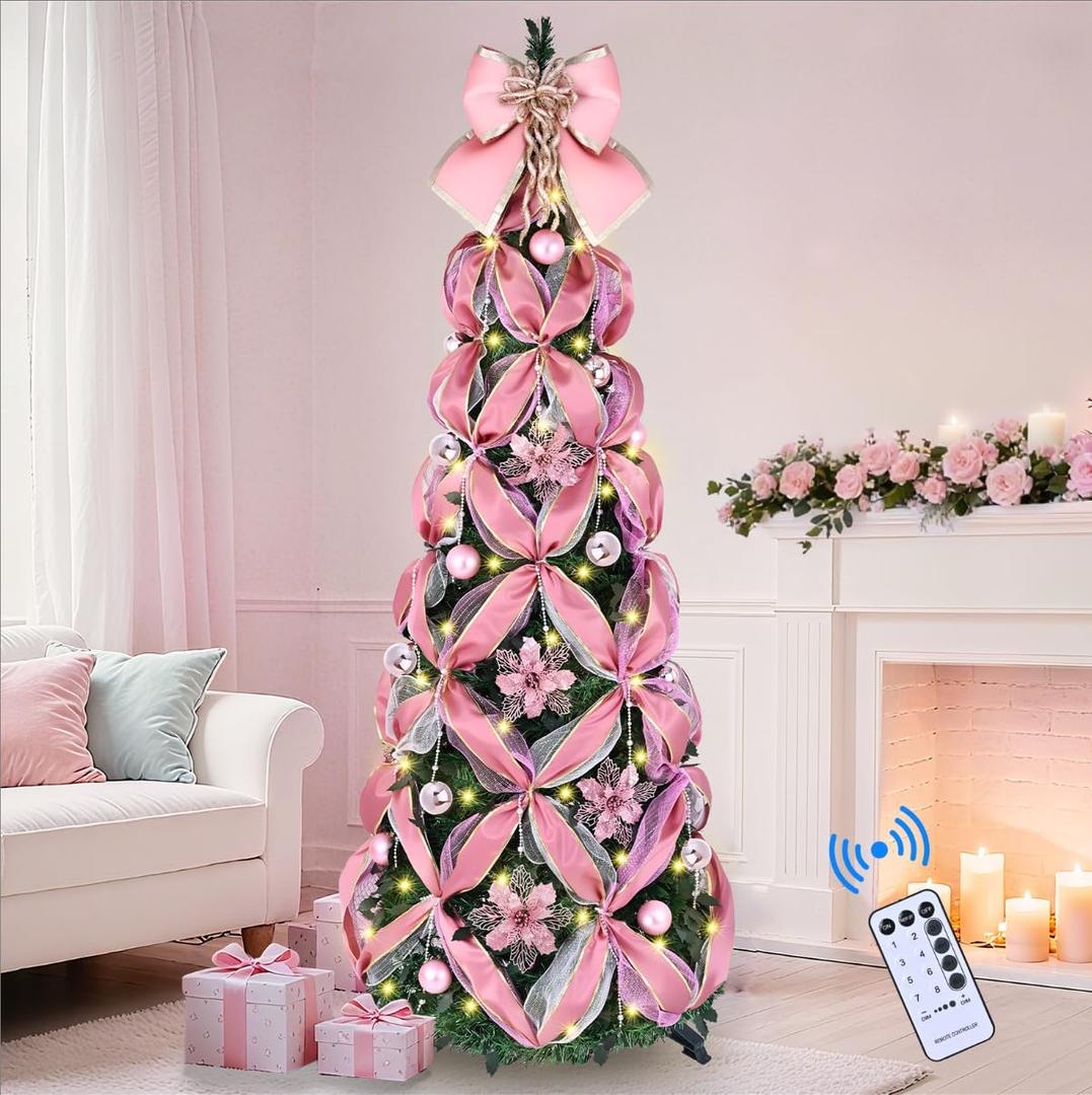 Dolicer 6 FT Pre Decorated Pop Up Christmas Tree, Collapsible Christmas Trees with 180 Warm LED Lights & Remote Control, Fully Decorated Cute Artificial Xmas Tree Easy Assemble Holiday Party Decor