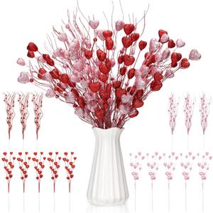 16 Pcs 17 Inch Valentine's Day Decorations Valentines Glitter Heart Picks Red and Pink Heart Foam Stems Valentines Tree Ornaments for Tree Topper Wedding Anniversary Vase Decor
