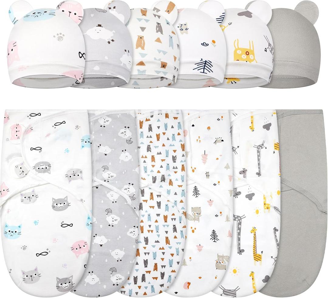 Ramede 6 Pack Swaddle Blanket with Hats for Baby Girl Boy 100% Cotton Swaddles 0-3 Months, Adjustable Breathable Skin Friendly Receiving Blanket Wrap, Essential for Newborns (Grey)