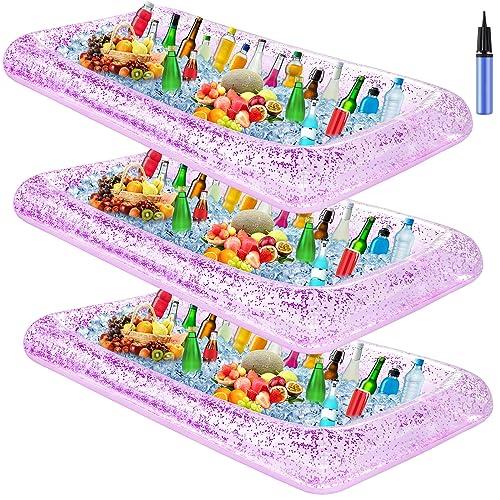 Leitee 3 Pcs Inflatable Serving Bar 52 x 24 x 5'' Ice Buffet Serving Tray Drink Cooler with Drain Plug Inflatable Pool Bar for Party Food Drink Holders with a Hand Pump(Glitter Purple)