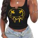 LovelyWholesale Graphic Crop Tops for Women Cropped Tank Tops V Neck Ribbed Shirts Black Smile X-Large (XS)