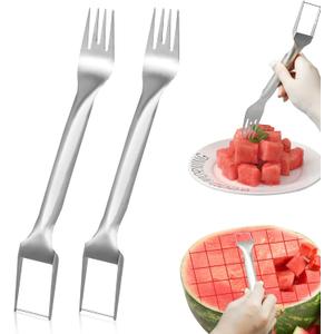 2Pcs Watermelon Fork Slicer Cutter, Stainless Steel 2-in-1 Watermelon Fork Slicer, Portable Watermelon Fork Watermelon Cutter Slicer Tool Fruit Forks Slicer for Home Party Camping Kitchen Gadget