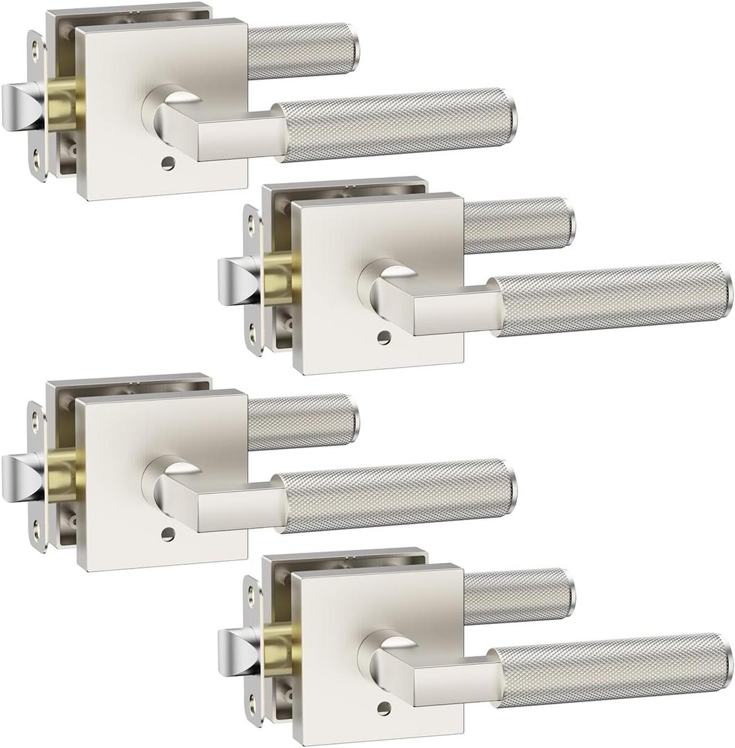 Asidrama 4 Pack Brushed Satin Nickel Privacy Door Handles, Door Lever with Door Knobs Indoor for Bedroom or Bathroom, Heavy Duty Door Handles Interior with Locks for Left Right Sided Doors
