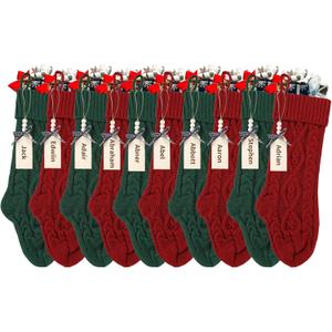 18 Inches Personalized Christmas Stockings: 10 Pack Red Green Knit Christmas Stockings Set with Name Tags Christmas Decor Neutral Xmas Decorations Holiday Farmhouse Indoor Rustic Home Decor