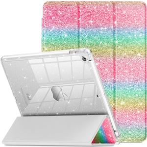 INFILAND for iPad 9th Generation 2021/ iPad 8th Generation 2020/ iPad 7th Generation 2019 Case 10.2 inch, Glitter Cover with Clear Back, Pencil Holder for Kids Girls (Rainbow Shimmer)