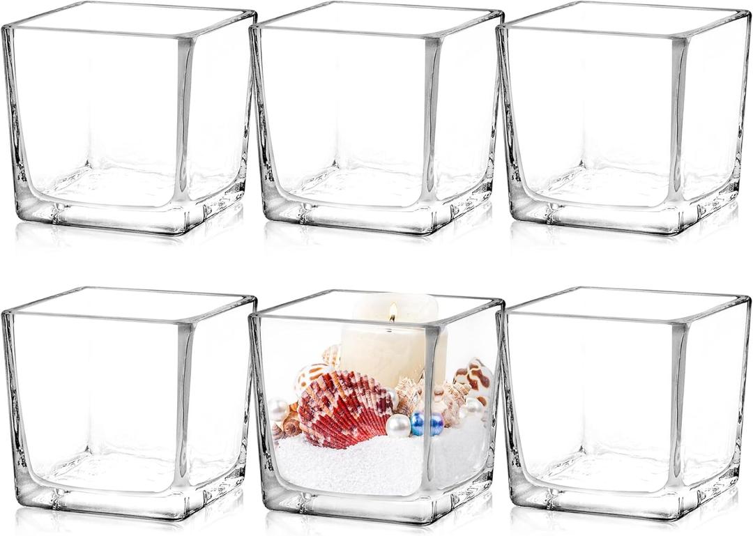 Set of 6 Square Glass Vases 3" x3" x 3", Clear Flower Vases for Centerpieces, Candle Holder for Wedding Party Events, Home Dcor