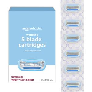 Amazon Basics 5-Blade Razor Refills for Women with Comfort-Coated Blades, Moisture Lubrication, Hypoallergenic, 6 Count (Fits Amazon Basics Razor Handles Only) (Previously Solimo)