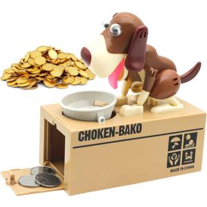 Hungry Dog Piggy Bank, Cute Dogs Steals Coins Like Magic Coin Munching Toy Money Box Birthday Gift for Kids (Brown)