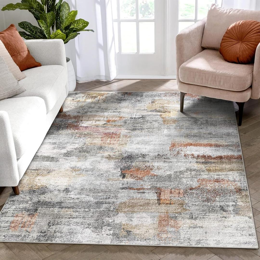 vivorug Washable Rug, Ultra Soft Area Rug 3x5, Non Slip Abstract Small Rug, Stain Resistant Rugs for Living Room Bedroom, Modern Fluffy (Gray/Rust, 3'x5') (Colorful/ Multi)