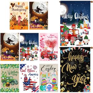 Moukeren 8 Pack Seasonal Garden Flags 28 x 40 Inch Double Sided, Easter Holiday Yard Flags for Outside, Large Polyester Holiday Garden Decorations for St. Patrick's Day July 4th Holidays(Classic)