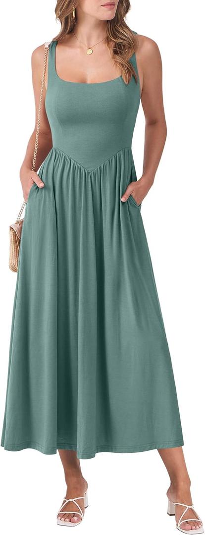 ANRABESS Sundresses for Women 2025 Summer Casual Sleeveless Square Neck Smocked Flowy Beach Vacation Midi Dress with Pockets (Medium, Green)